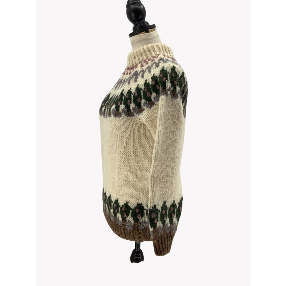 Hand Knit Fair Isle Sweater Wendy Stewart Pure Wool Beige Green Brown Sz S - Picture 4 of 6